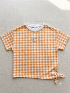 Zara Orange and White Gingham Tee with Knotted Side